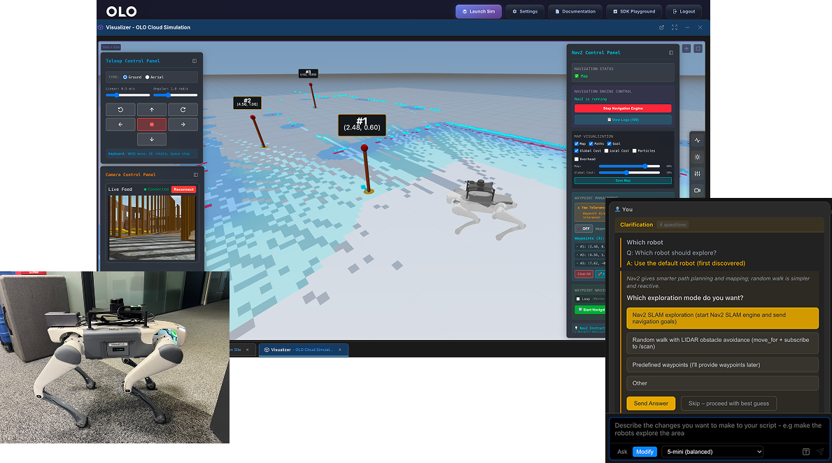 OLO Cloud Simulation dashboard with robot photo and AI clarification workflow